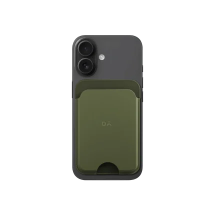 Green-Olive Leather MagSafe Card Wallet attached to the back of a black iPhone, shown on white