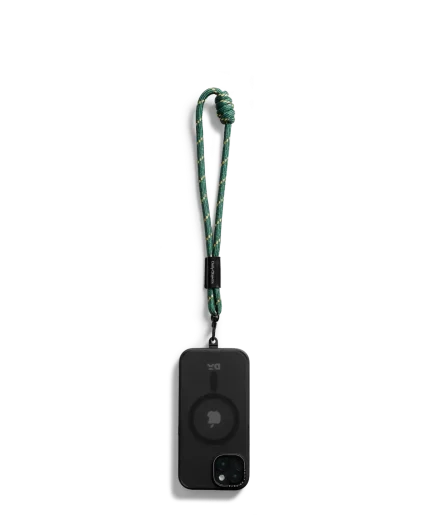 Green Wrist Lanyard - Cord attached to a black phone case, shown hanging against a white background
