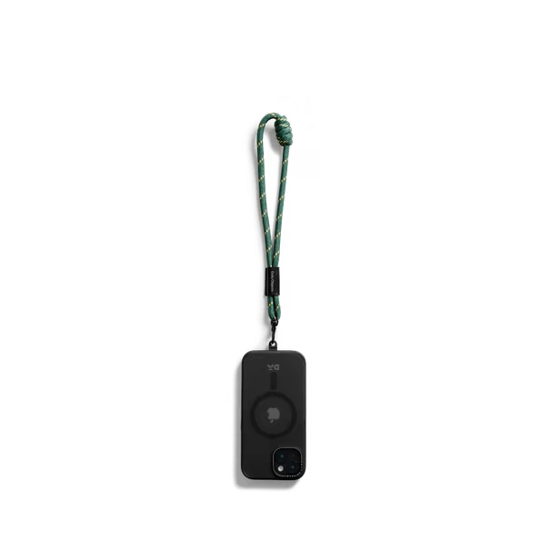Green-Wrist-Lanyard-Cord Green Wrist Lanyard - Cord attached to a black phone case, shown hanging against a white background