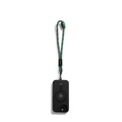 Green Wrist Lanyard - Cord attached to a black phone case, shown hanging against a white background
