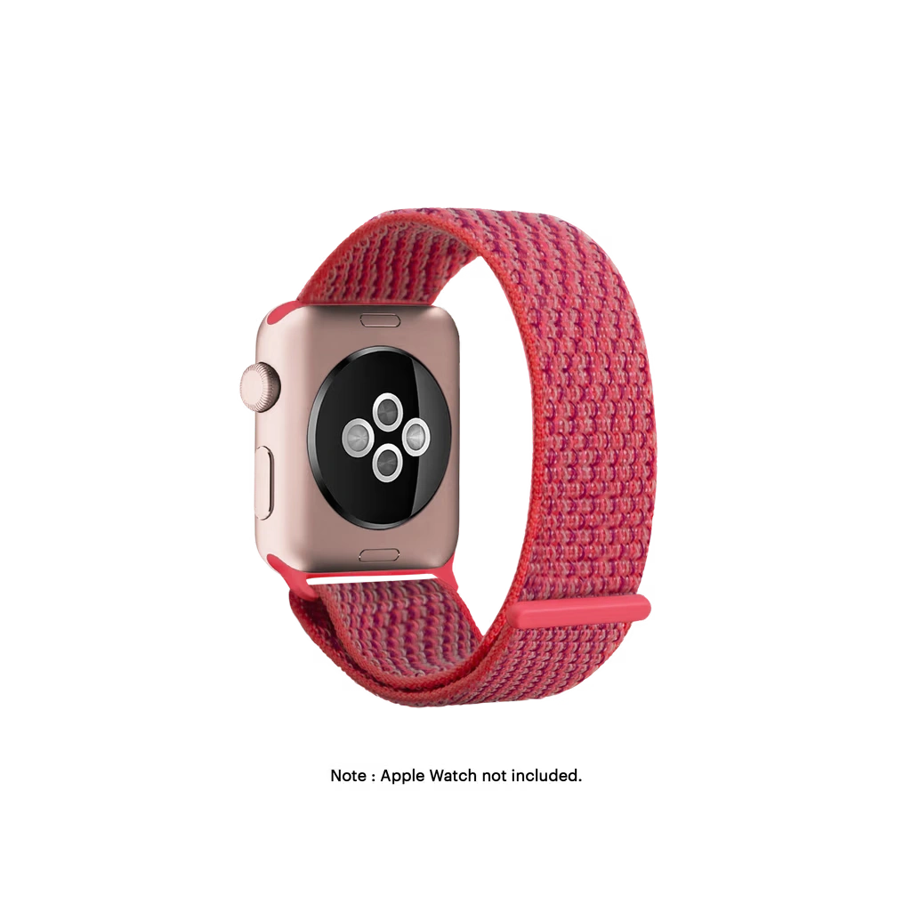 Hibiscus-Nylon-Apple-WatchBand-38-40-vw Hibiscus Nylon Apple Watch band fitted to an Apple Watch, shown on white — fits 38/40/41 mm cases, watch not included