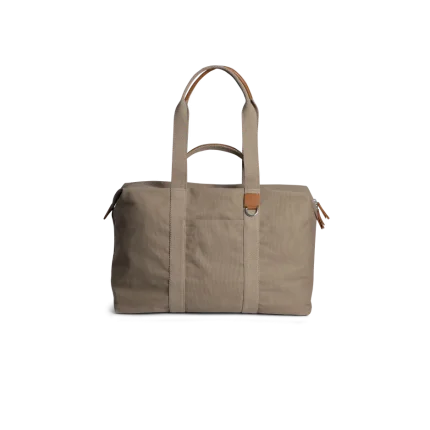 Khaki Beige Field Duffle Bag — canvas duffle with leather trim and twin handles, shown on white