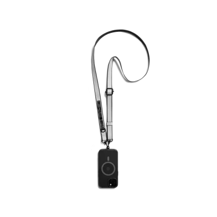 Light Grey Strobe Lanyards attached to a black phone case, shown hanging against a white background