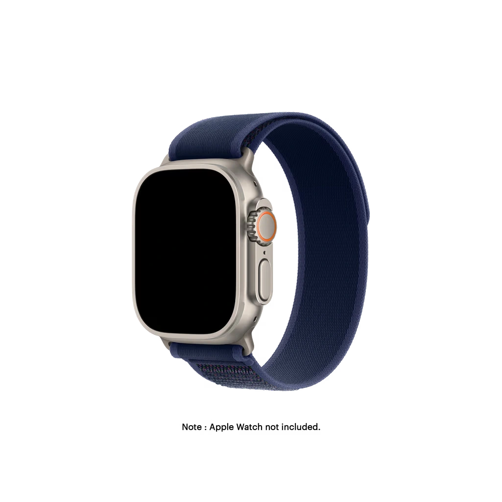 Midnight-Blue-Pull-Tab-Nylon-Weave-Apple-WatchBand Midnight Blue Pull Tab Nylon Weave Apple Watch band fitted to an Apple Watch, shown on white — watch not included