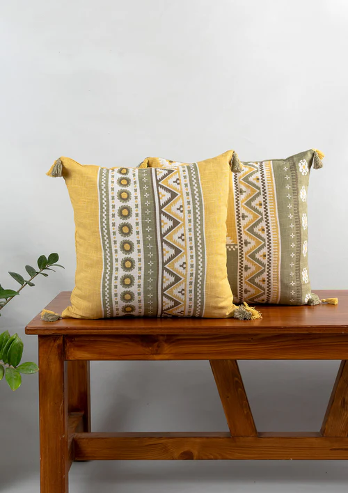 Yellow Dwelling Nadar 100% Cotton Printed Geometric Cushion Cover for Sofa with Tassels – Yellow — view 5