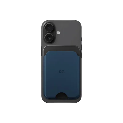 Navy Blue-Grey Leather MagSafe Card Wallet attached to the back of a black iPhone, shown on white