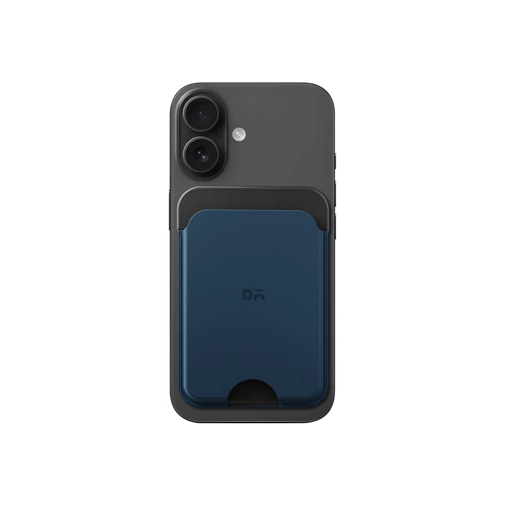 Navy-Blue-Grey-Leather-MagSafe-Card-Wallet Navy Blue-Grey Leather MagSafe Card Wallet attached to the back of a black iPhone, shown on white