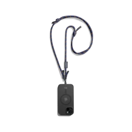 Navy Crossbody Phone Lanyard - Cord attached to a black phone case, shown hanging against a white background