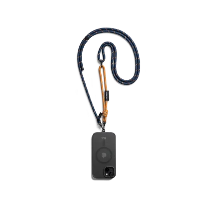 Navy-Orange Crossbody Phone Lanyard - Cord attached to a black phone case, shown hanging against a white background