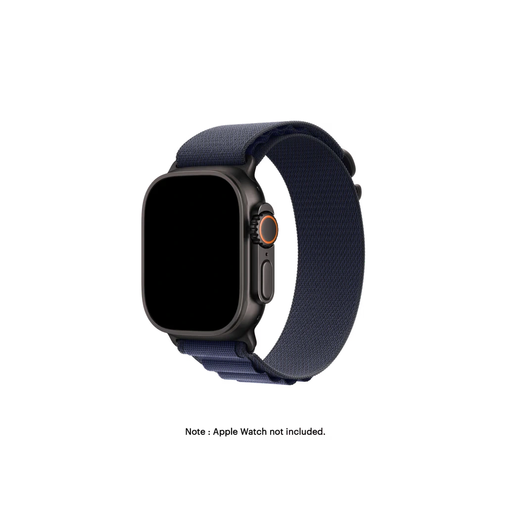 Navy-Ridge-Loop-Apple-WatchBand-2n Navy Ridge Loop Apple Watch band fitted to an Apple Watch, shown on white — watch not included