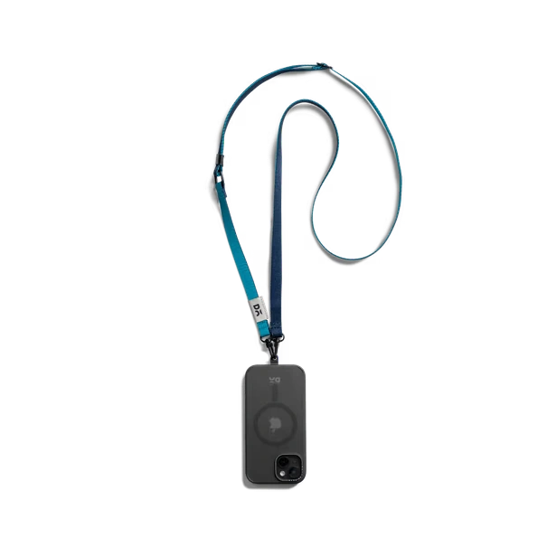 Navy-Sky-Crossbody-Phone-Lanyard-Strap Navy-Sky Crossbody Phone Lanyard - Strap attached to a black phone case, shown hanging against a white background