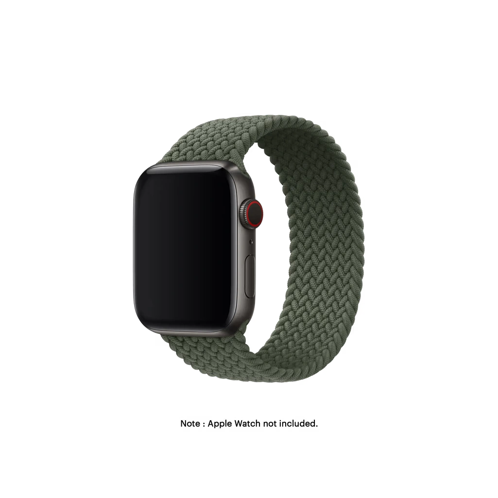Olive-Braided-Solo-Loop-Apple-WatchBand-Vw Olive Braided Solo Loop Apple Watch band fitted to an Apple Watch, shown on white — fits 42/44/45/49 mm cases, watch not included