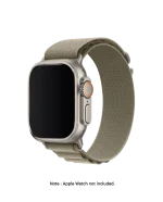 Olive Ridge Loop Apple Watch band fitted to an Apple Watch, shown on white — watch not included