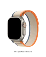 Orange-Beige Pull Tab Nylon Weave Apple Watch band fitted to an Apple Watch, shown on white — watch not included