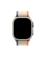 Orange-Beige Pull Tab Nylon Weave Apple Watch band fitted to an Apple Watch, shown on white — watch not included