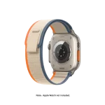 Orange-Beige Pull Tab Nylon Weave Apple Watch band fitted to an Apple Watch, shown on white — watch not included