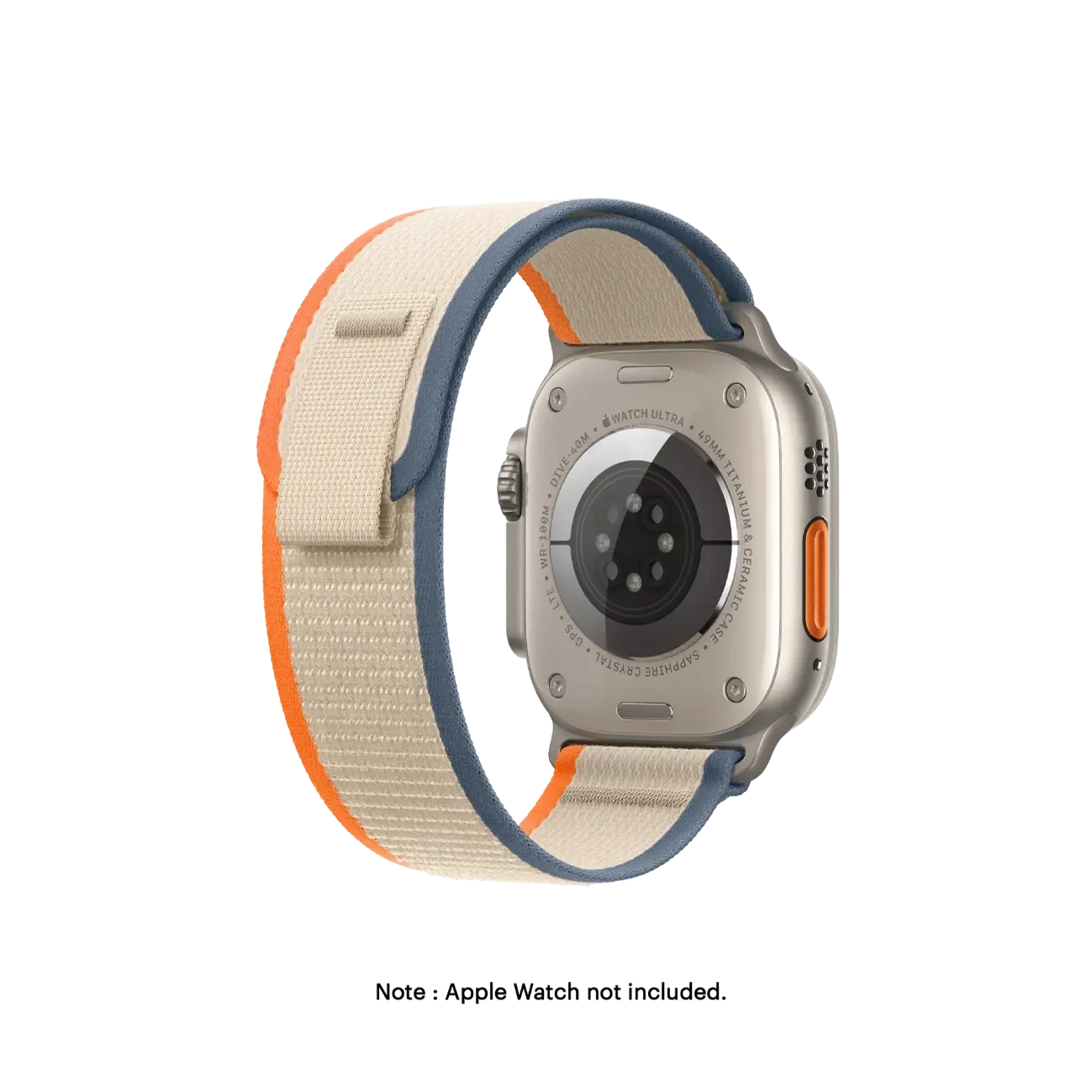 Orange-Beige-Pull-Tab-Nylon-Weave-Apple-WatchBand Orange-Beige Pull Tab Nylon Weave Apple Watch band fitted to an Apple Watch, shown on white — watch not included