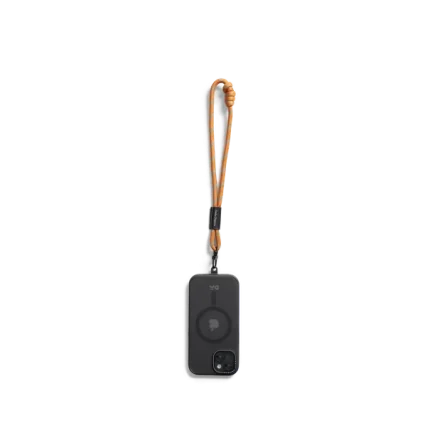 Orange Wrist Lanyard - Cord attached to a black phone case, shown hanging against a white background