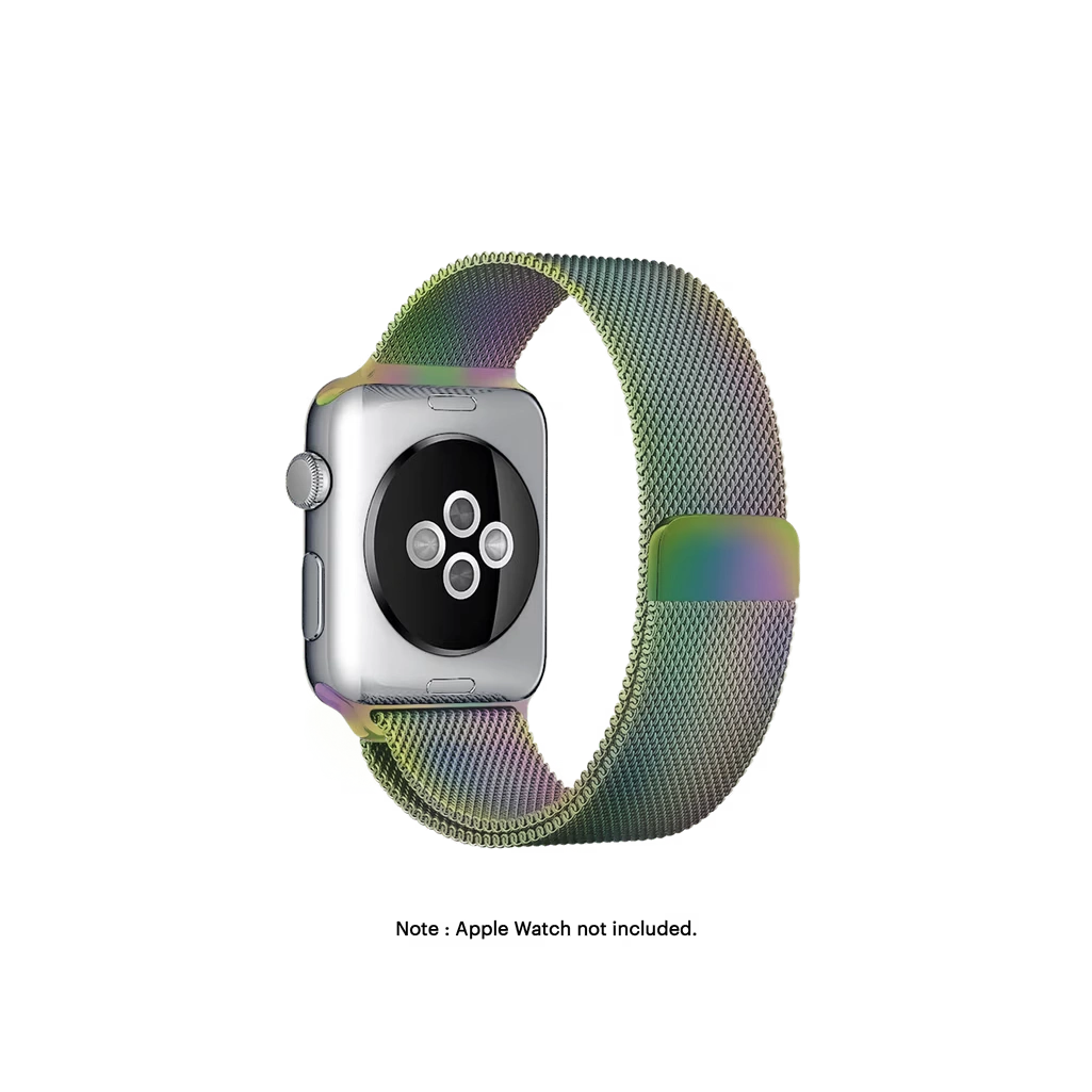 Rainbow-Magnetic-Milanese-Loop-Apple-WatchBand-38-40-vw Rainbow Magnetic Milanese Loop Apple Watch band fitted to an Apple Watch, shown on white — fits 42/44/45/49 mm cases, watch not included
