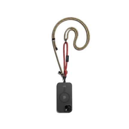 Red-Beige Crossbody Phone Lanyard - Cord attached to a black phone case, shown hanging against a white background