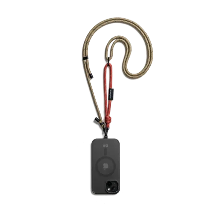 Red-Beige Crossbody Phone Lanyard - Cord attached to a black phone case, shown hanging against a white background