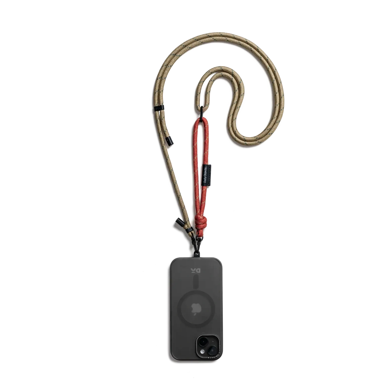 Red-Beige Crossbody Phone Lanyard - Cord attached to a black phone case, shown hanging against a white background Red-Beige Crossbody Phone Lanyard - Cord attached to a black phone case, shown hanging against a white background