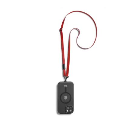 Red Leatherite Crossbody Phone Lanyard - Strap attached to a black phone case, shown hanging against a white background