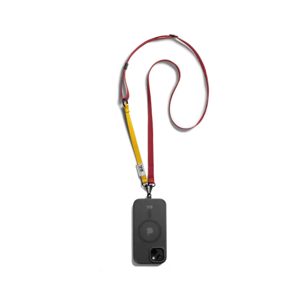Red-Yellow-Crossbody-Phone-Lanyard-Strap Red-Yellow Crossbody Phone Lanyard - Strap attached to a black phone case, shown hanging against a white background