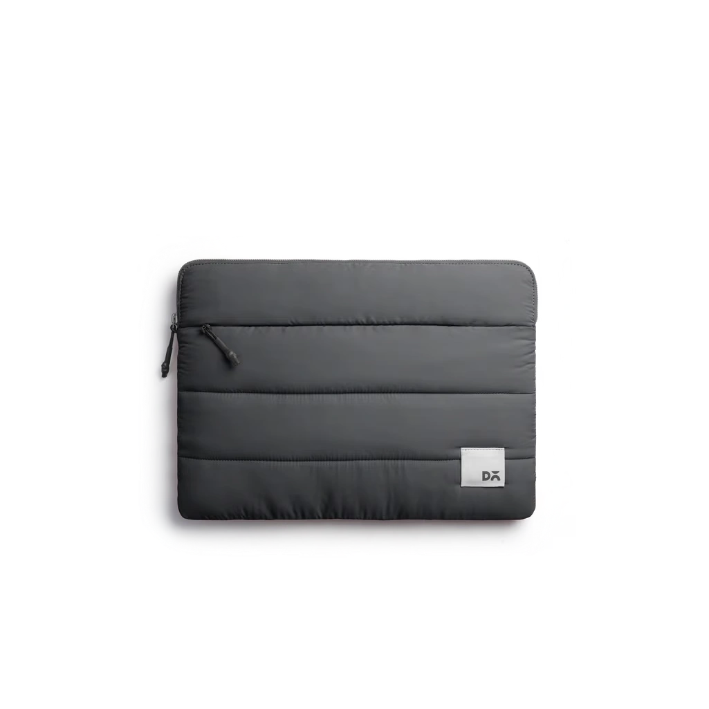 Slate-Gray-Stria-Laptop-Sleeve-Medium-vw Slate Gray Stria Laptop Sleeve Bag - Medium — padded quilted laptop sleeve with a side carry handle, shown on white