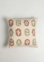 Yellow Dwelling Stamps Embroidered Floral Motif 100% Cotton Cushion Cover for Sofa - Green and Rust — view 2
