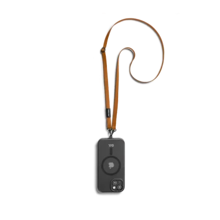 Tan Leatherite Crossbody Phone Lanyard - Strap attached to a black phone case, shown hanging against a white background