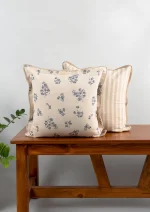 Yellow Dwelling Whisper Printed Linen Flower Motif Cushion Cover for Sofa - Blue (18" x 18") — view 5