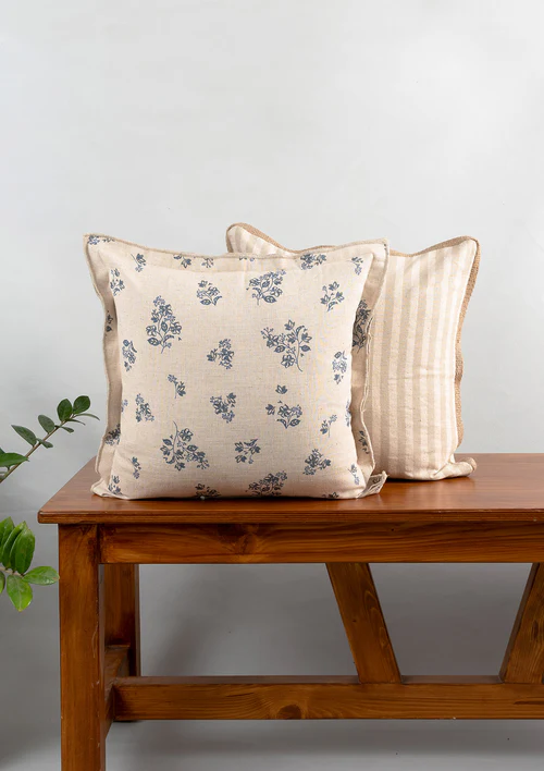 Yellow Dwelling Whisper Printed Linen Flower Motif Cushion Cover for Sofa - Blue (18" x 18") — view 5