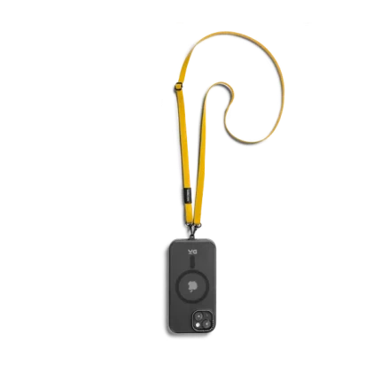 Yellow Leatherite Crossbody Phone Lanyard - Strap attached to a black phone case, shown hanging against a white background