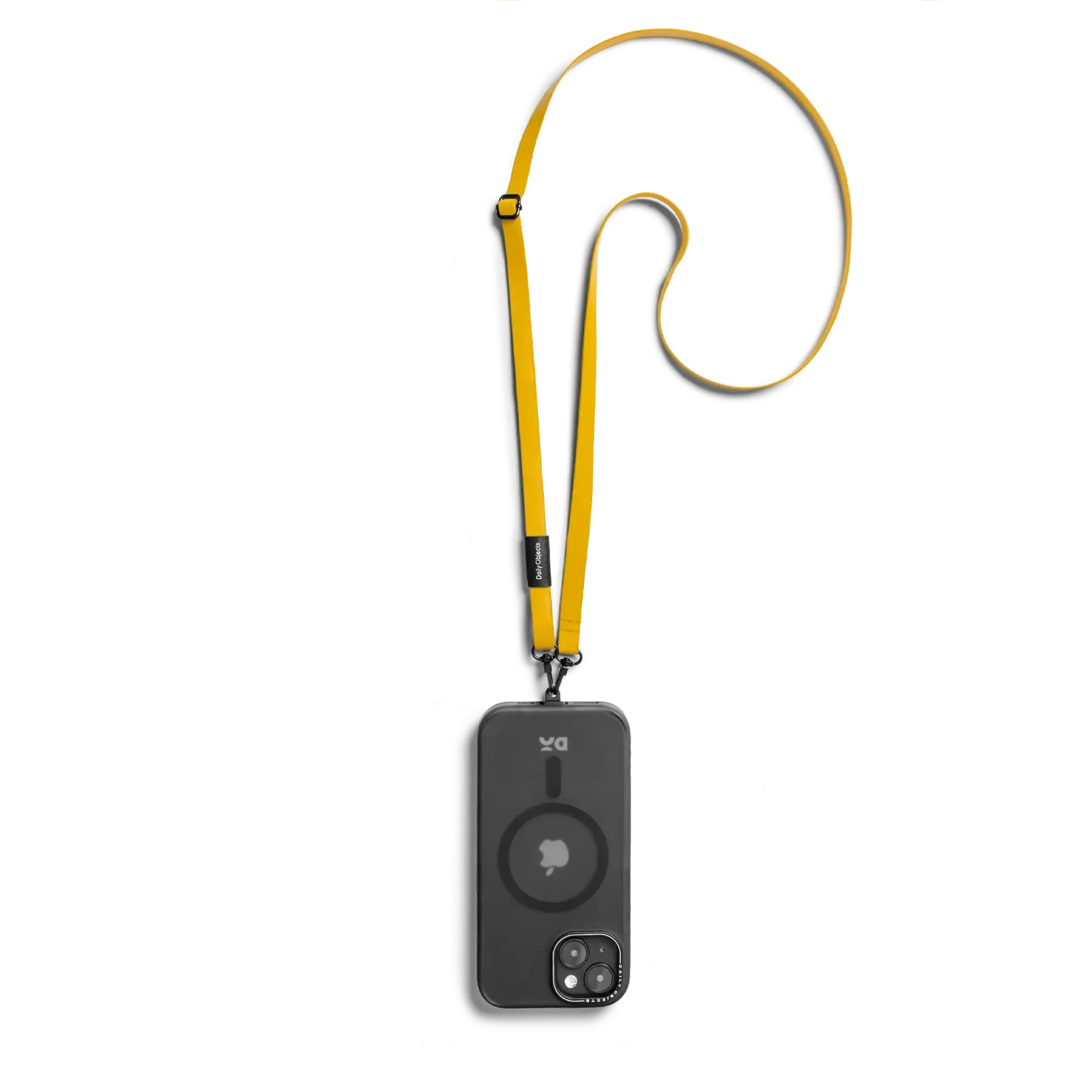 Yellow-Crossbody-Phone-Lanyard-Strap Yellow Leatherite Crossbody Phone Lanyard - Strap attached to a black phone case, shown hanging against a white background