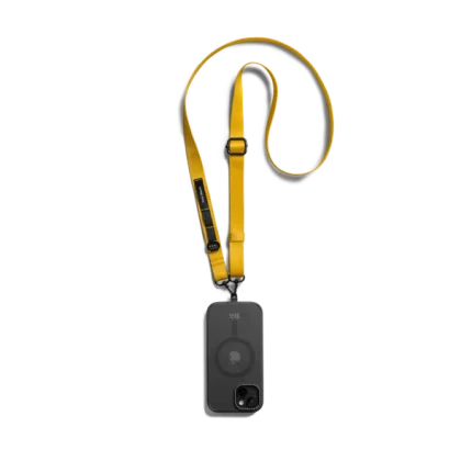 Yellow Crossbody Utility Phone Lanyard - Strap attached to a black phone case, shown hanging against a white background