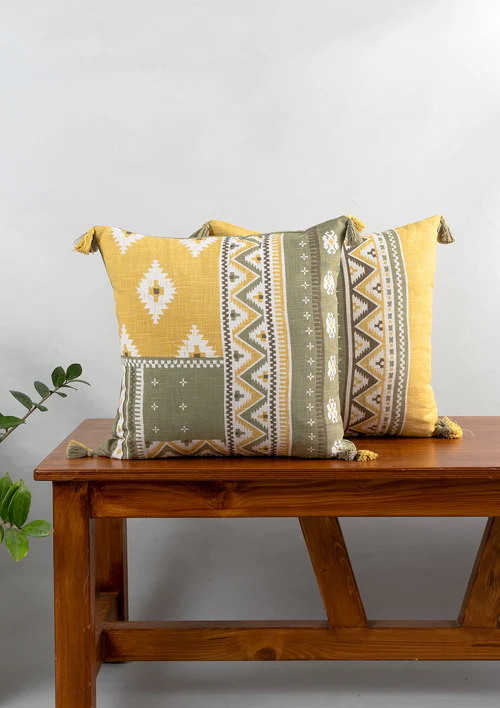Yellow Dwelling Zenith 100% cotton Printed Geometric Cushion Cover with Tassel for Sofa - Yellow — view 5