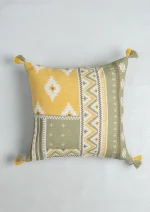 Yellow Dwelling Zenith 100% cotton Printed Geometric Cushion Cover with Tassel for Sofa - Yellow — view 2