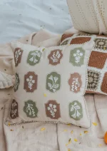 Yellow Dwelling Stamps Embroidered Floral Motif 100% Cotton Cushion Cover for Sofa - Green and Rust — view 5
