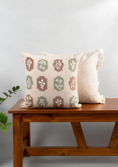 Yellow Dwelling Stamps Embroidered Floral Motif 100% Cotton Cushion Cover for Sofa - Green and Rust - Image 6