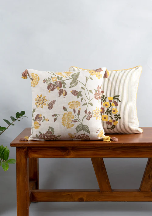 Yellow Dwelling Waltz Printed Floral Pattern 100% Cotton Cushion Cover for Sofa with Tassels - Multicolor - Image 5