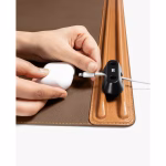 Tan-Brown Snap On Organiser Desk Mat with Cable Holder + Phone Mount + Apple Watch Charging Stand in Tan – Close up view of Cable Holder| KlippiK UK