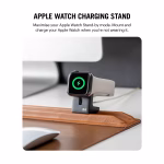 Tan-Brown Snap On Organiser Desk Mat with Cable Holder + Phone Mount + Apple Watch Charging Stand in Tan – Main View of Watch being charged on Apple Watch Charging Stand | KlippiK US