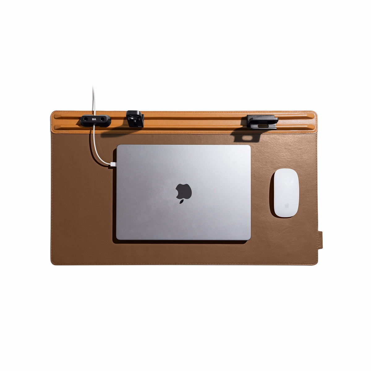 Tan-Brown Snap On Organiser Desk Mat with Cable Holder + Phone Mount + Apple Watch Charging Stand in Tan – Overhead View with tech accessories| KlippiK US