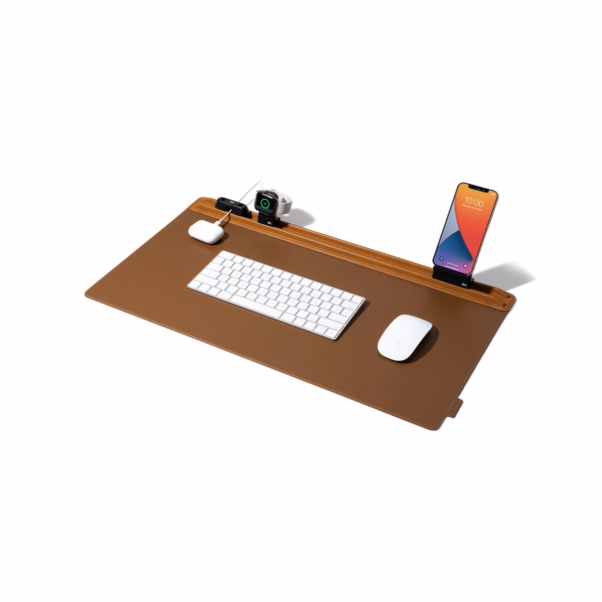 Tan-Brown Snap On Organiser Desk Mat with Cable Holder + Phone Mount + Apple Watch Charging Stand in Tan – Main View with Tech accessories | KlippiK US