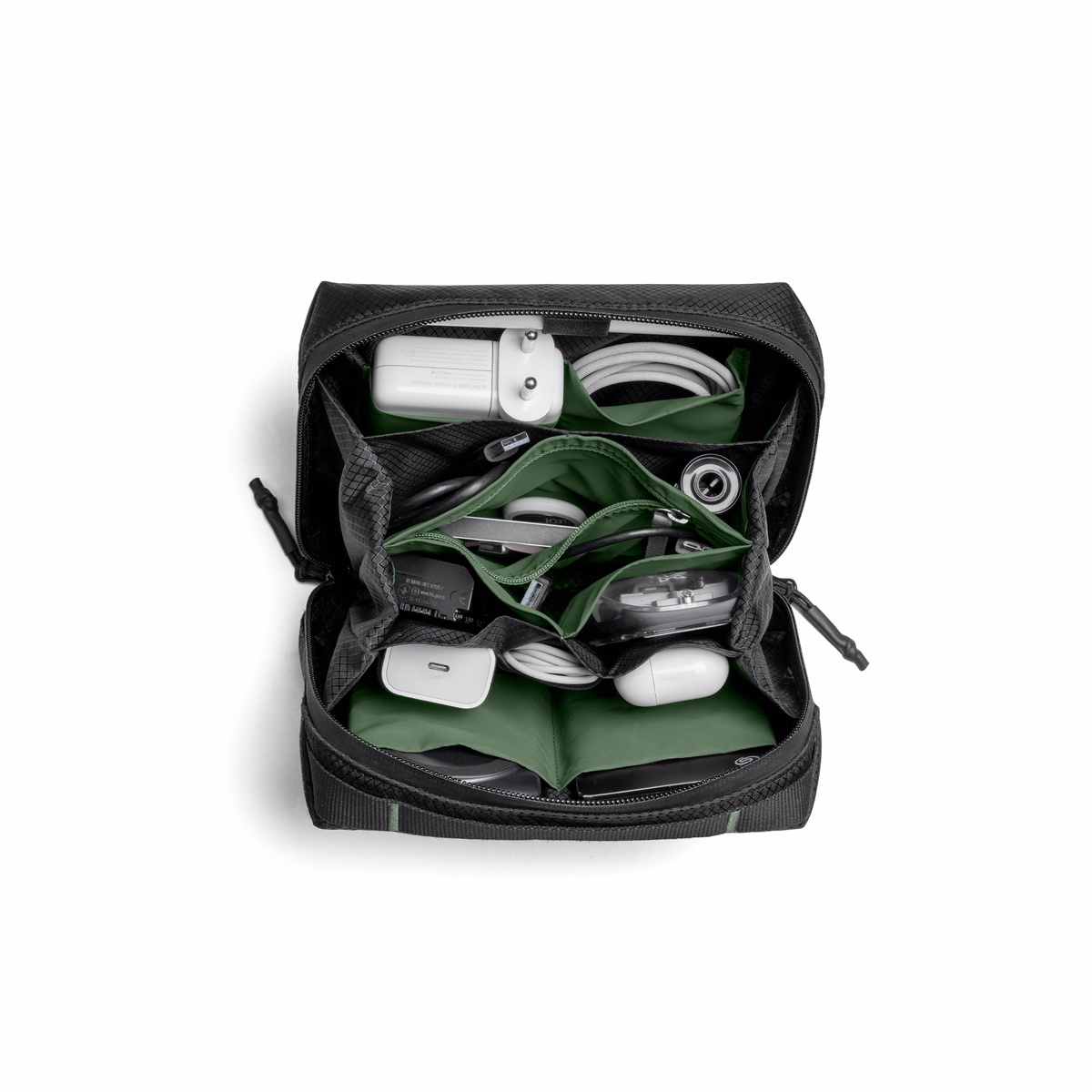 Black Ripstop Vault Tech Organiser - Medium in Black – Top-down view of open organiser with tech accessories | KlippiK CA