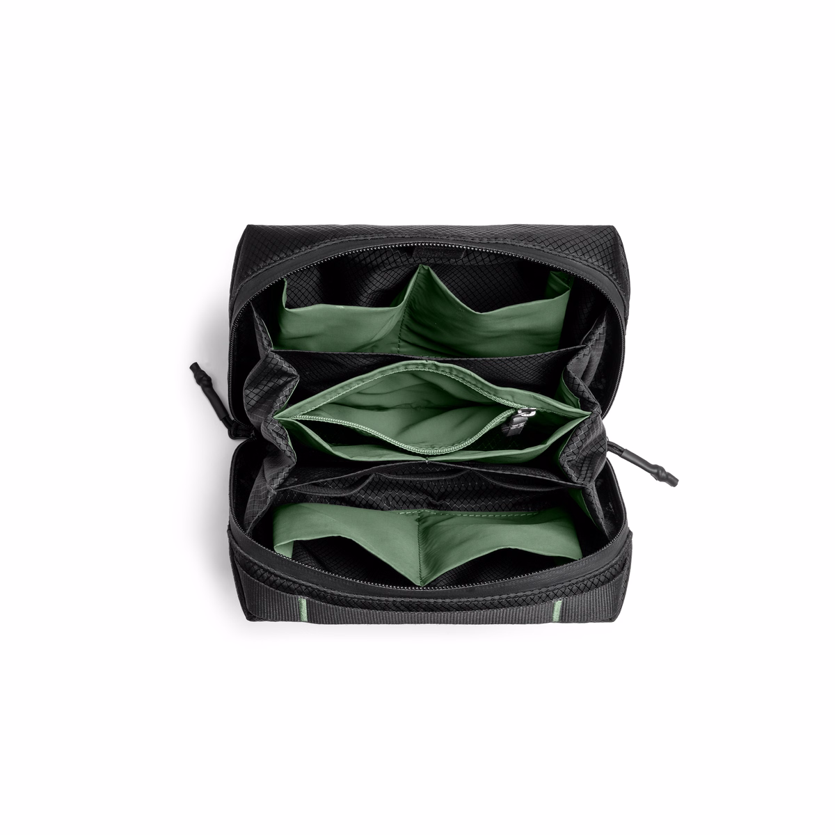 Black Ripstop Vault Tech Organiser - Medium in Black – Top view of open organiser with green lining | KlippiK SG