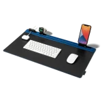 Blue-Black Snap On Organiser Desk Mat shown on white with a keyboard, mouse, phone on the mount and Apple Watch on its stand