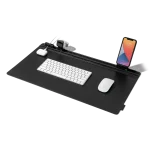 Black Snap On Organiser Desk Mat with its black toolbar holding a phone mount, keyboard and mouse in place