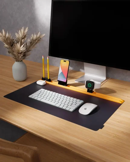 Mustard-Blue Snap On Organiser Desk Mat with Cable Holder + Phone Mount + Apple Watch Charging Stand